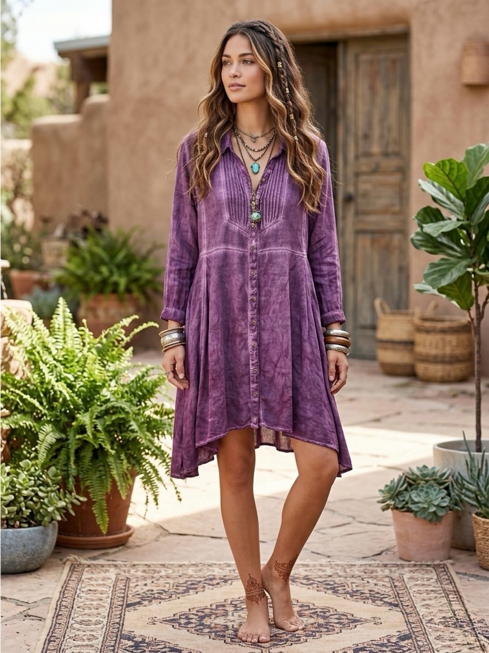 💜NWT Soft Surroundings "Washed Plum 💯% Viscose Pintuck Tunic Shirt Dress" 1X💜
